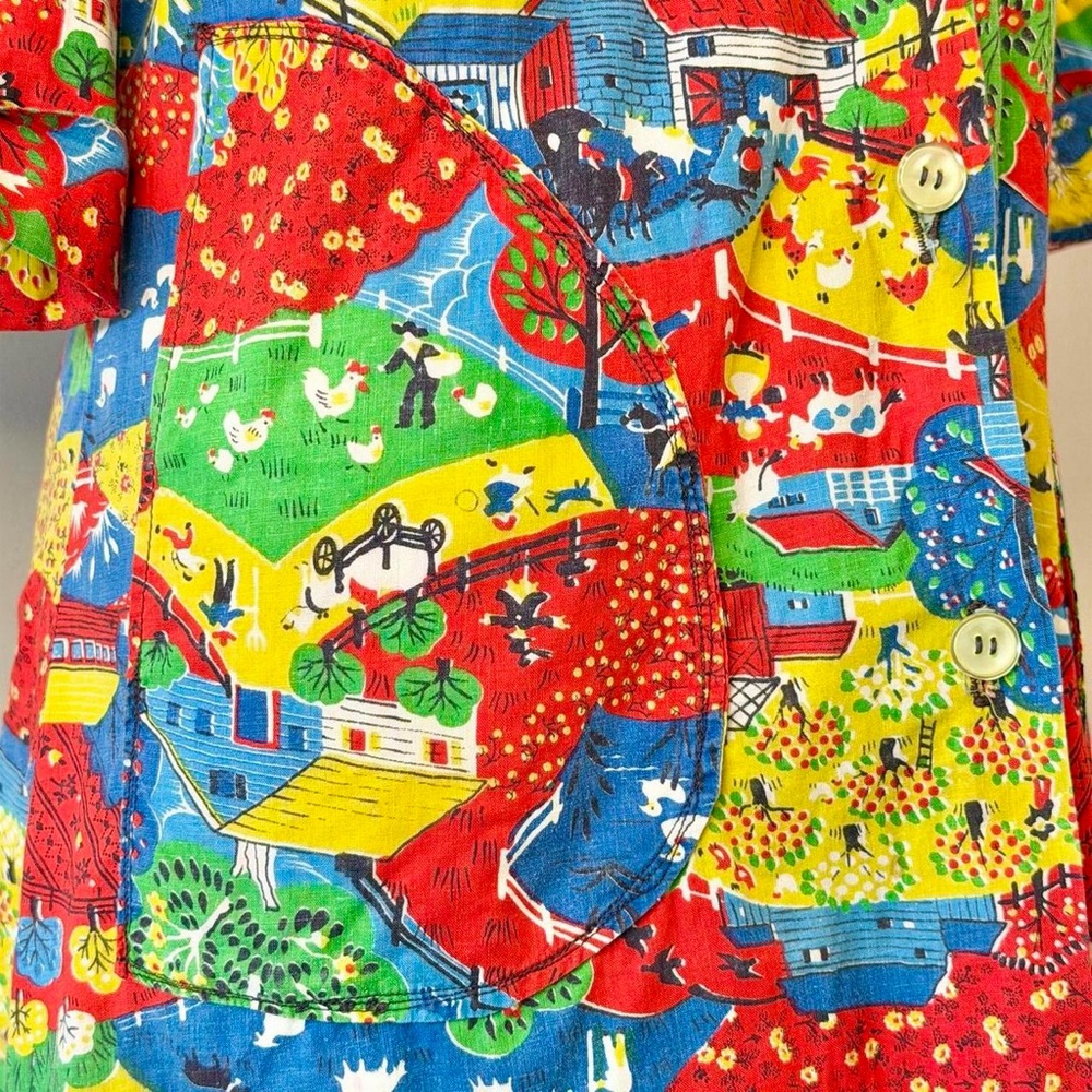 Vintage 1970s Novelty Print Tunic Shirt Jacket Farm Rainbow Retro 70s Groovy - Picture 2 of 8